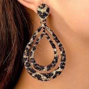 Vintage-Style Gold Tone & Black Crystal Teardrop Dangle Earrings‎